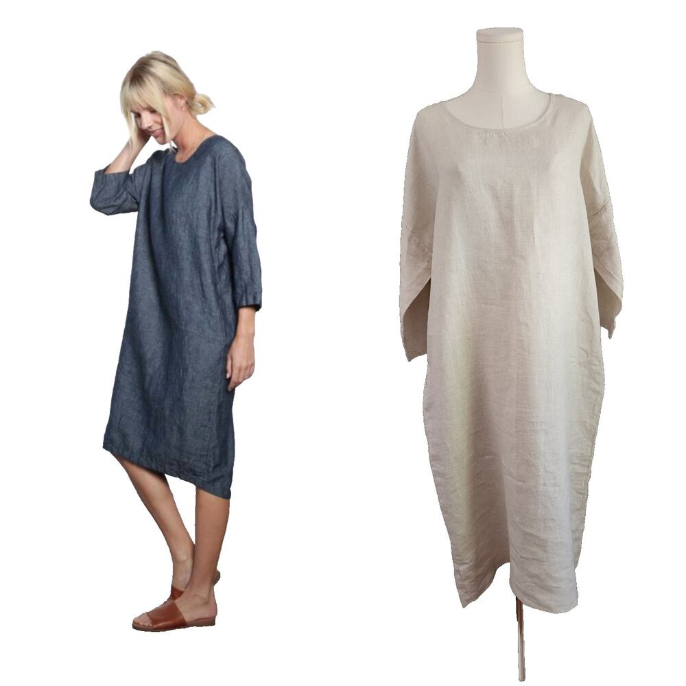 Linen Midi Dress - Natural/Blue Relaxed Shift